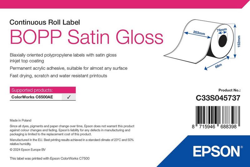 Étiquettes Epson BOPP satinées, rouleau continu 203 mm × 68 m (réf. C33S045737)