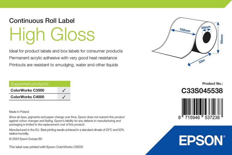 Étiquettes Epson haute brillance, rouleau continu 102 mm × 33 m (réf. C33S045538)