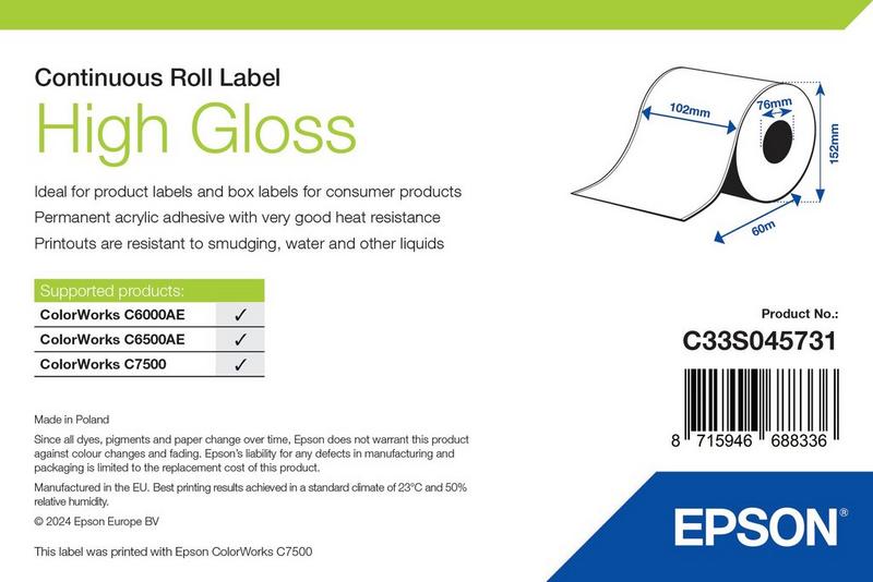 Étiquettes Epson haute brillance, rouleau continu 102 mm × 58 m (réf. C33S045731)