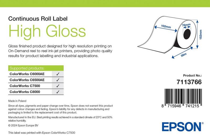 Étiquettes Epson haute brillance, rouleau continu 102 mm × 60 m (réf. 7113766)