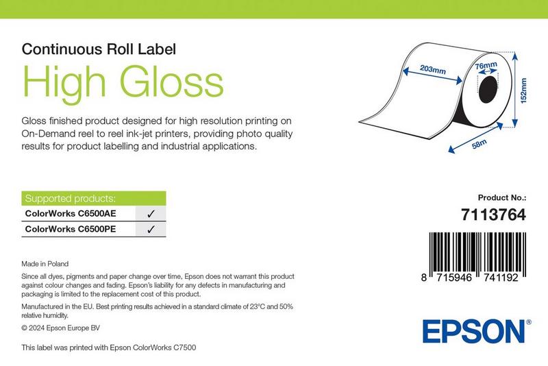 Étiquettes Epson haute brillance, rouleau continu 203 mm × 60 m (réf. 7113764)
