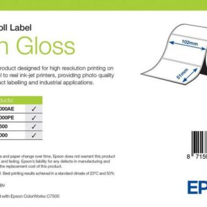 Étiquettes Epson haute brillance, rouleau prédécoupé 102 × 51 mm, 2310 étiquettes (réf. 7113758)