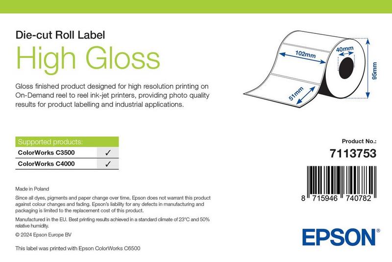 Étiquettes Epson haute brillance, rouleau prédécoupé 105 × 210 mm, 273 étiquettes
