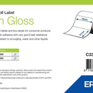 Étiquettes Epson haute brillance, rouleau prédécoupé 76 × 51 mm, 610 étiquettes (réf. C33S045542)