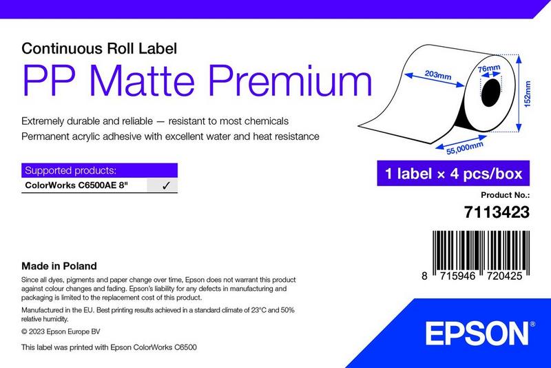 Étiquettes Epson PP mates Premium, rouleau continu 210 mm × 55 m (réf. 7113423)