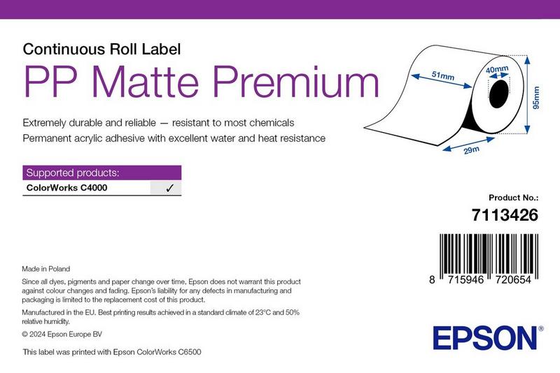 Étiquettes Epson PP mates Premium, rouleau continu 51 mm × 29 m (réf. 7113426)
