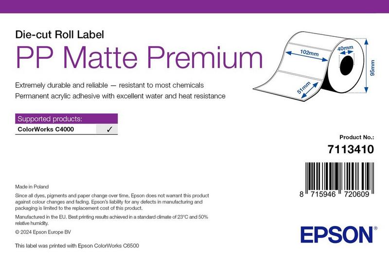 Étiquettes Epson PP mates Premium, rouleau prédécoupé 102 × 51 mm, 535 étiquettes (réf. 7113410)