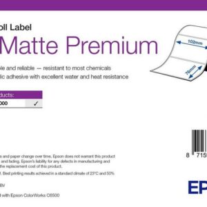 Étiquettes Epson PP mates Premium, rouleau prédécoupé 102 × 76 mm, 365 étiquettes (réf. 7113411)