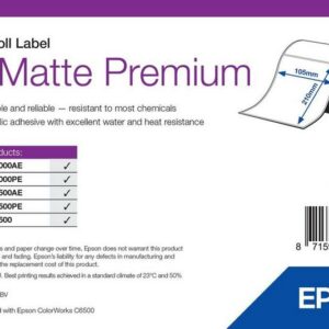 Étiquettes Epson PP mates Premium, rouleau prédécoupé 105 × 210 mm, 259 étiquettes (réf. 7113424)