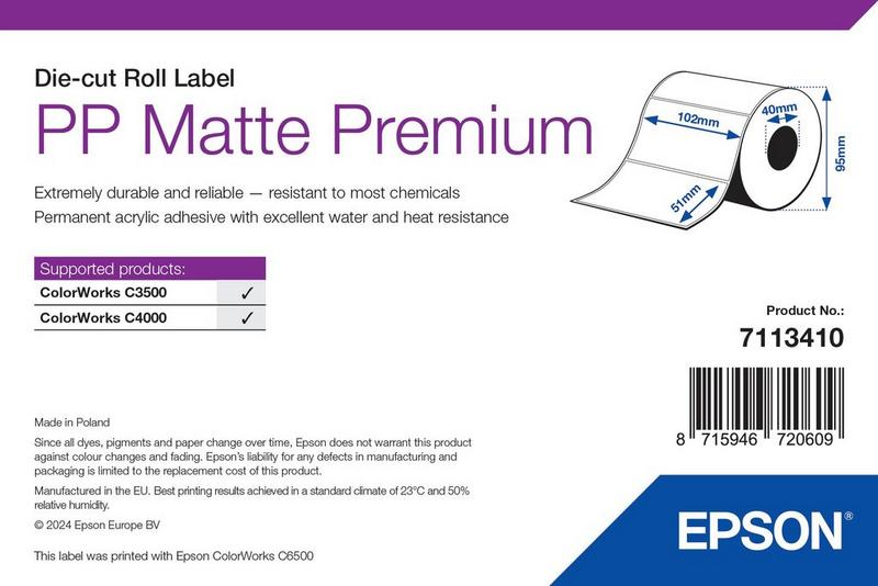Étiquettes Epson PP mates Premium, rouleau prédécoupé 210 × 297 mm, 184 étiquettes (réf. 7113422)