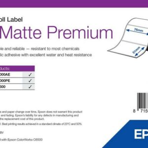 Étiquettes Epson PP mates Premium, rouleau prédécoupé 76 × 51 mm, 2310 étiquettes (réf. 7113420)