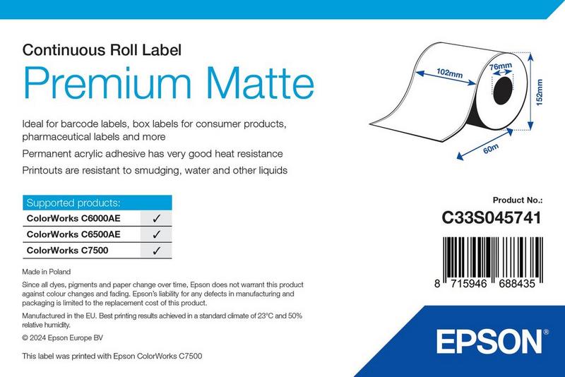 Étiquettes Epson Premium mates, rouleau continu 102 mm × 60 m (réf. C33S045741)