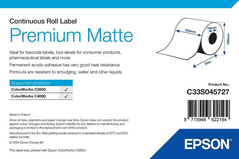 Étiquettes Epson Premium mates, rouleau continu 105 mm × 35 m (réf. C33S045727)