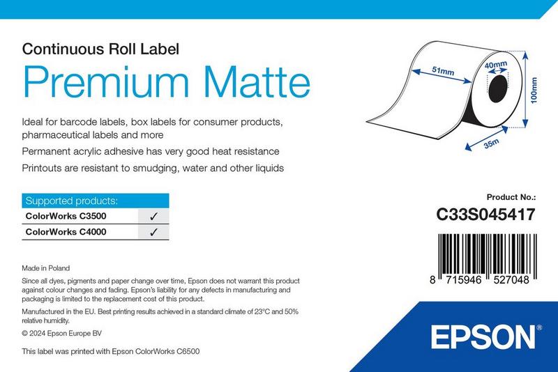Étiquettes Epson Premium mates, rouleau continu 51 mm × 35 m (réf. C33S045417)