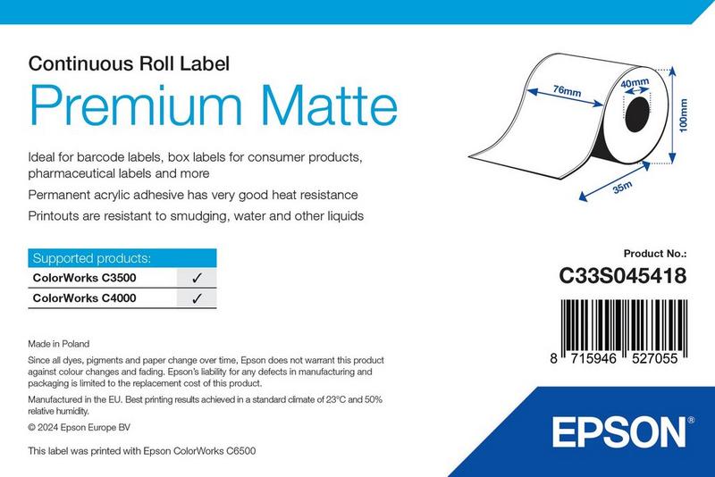 Étiquettes Epson Premium mates, rouleau continu 76 mm × 35 m (réf. C33S045418)