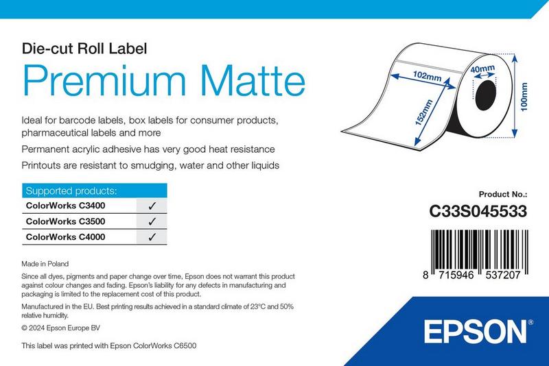 Étiquettes Epson Premium mates, rouleau prédécoupé 102 × 152 mm, 225 étiquettes (réf. C33S045533)