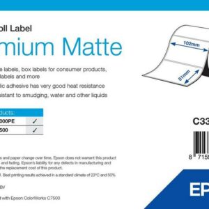 Étiquettes Epson Premium mates, rouleau prédécoupé 102 × 51 mm, 2310 étiquettes (réf. C33S045722)