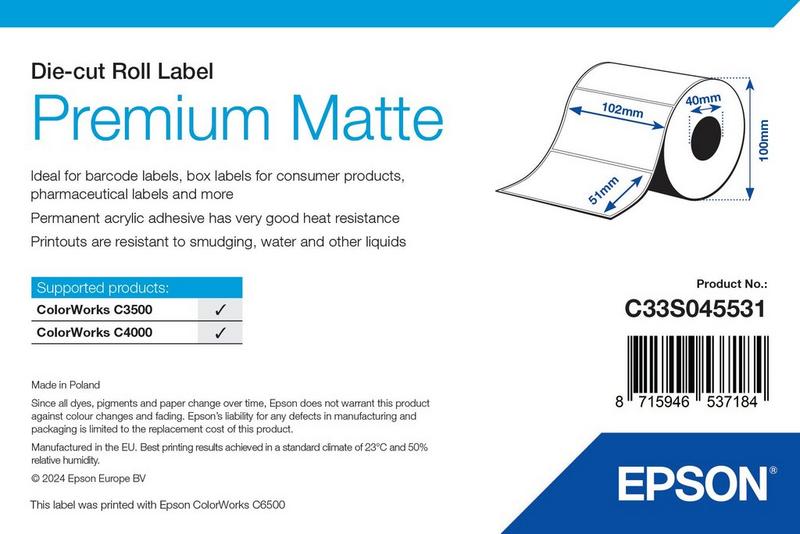 Étiquettes Epson Premium mates, rouleau prédécoupé 102 × 51 mm, 650 étiquettes (réf. C33S045531)