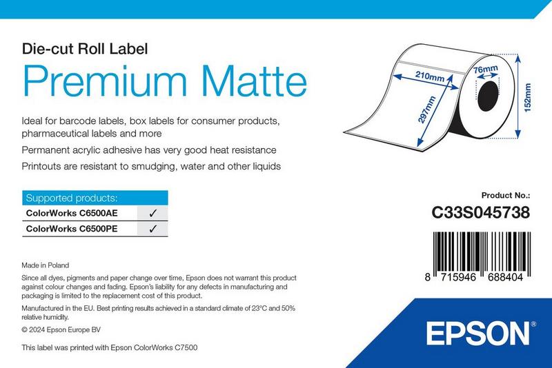 Étiquettes Epson Premium mates, rouleau prédécoupé 210 × 297 mm, 200 étiquettes (réf. C33S045738)