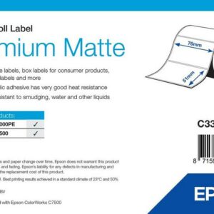 Étiquettes Epson Premium mates, rouleau prédécoupé 76 × 51 mm, 2310 étiquettes (réf. C33S045725)