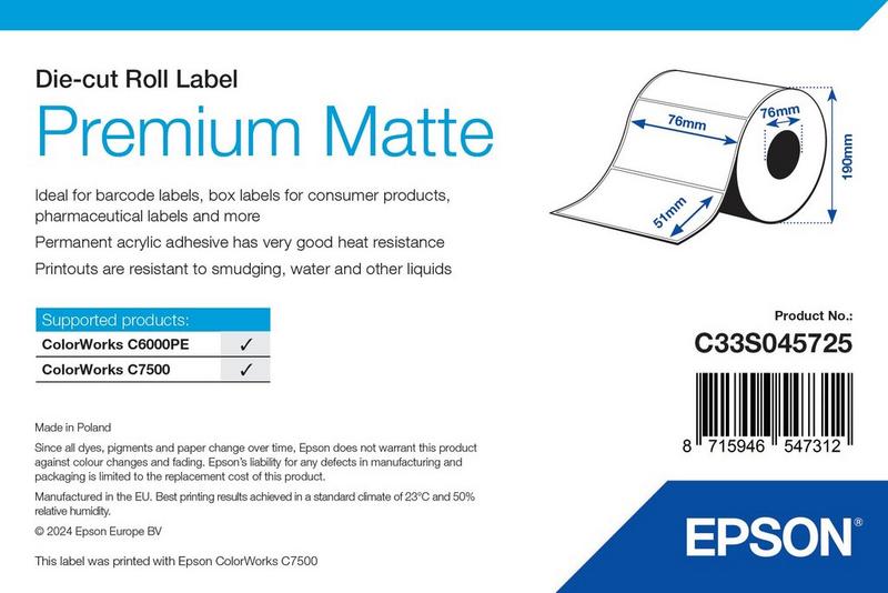 Étiquettes Epson Premium mates, rouleau prédécoupé 76 × 51 mm, 2310 étiquettes (réf. C33S045725)