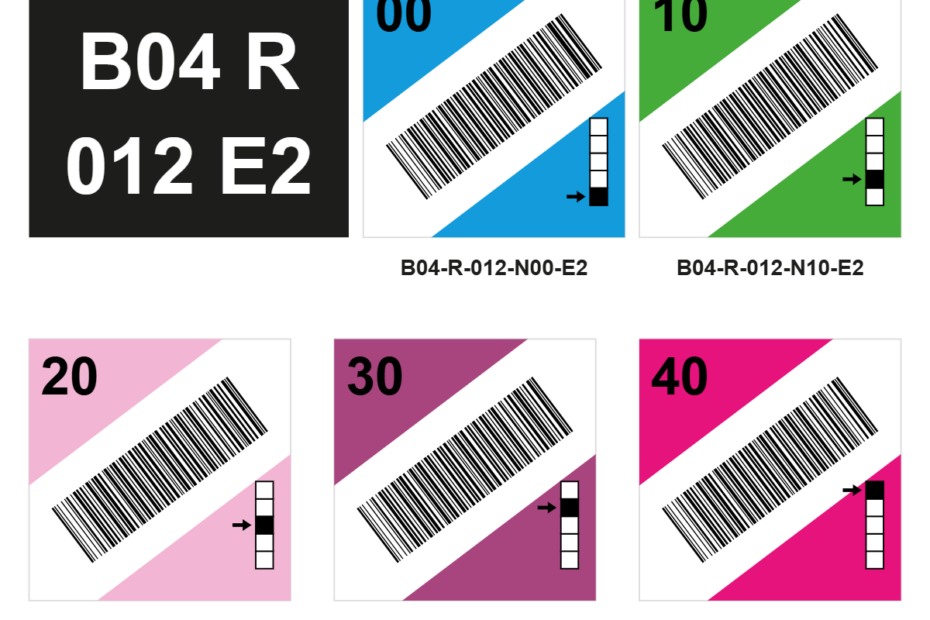 Étiquettes de rayonnage industriel avec code couleur par niveau (adresses fictives)